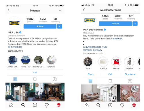Bild von Instagram Profil Ikea Deutschland und Ikea USA